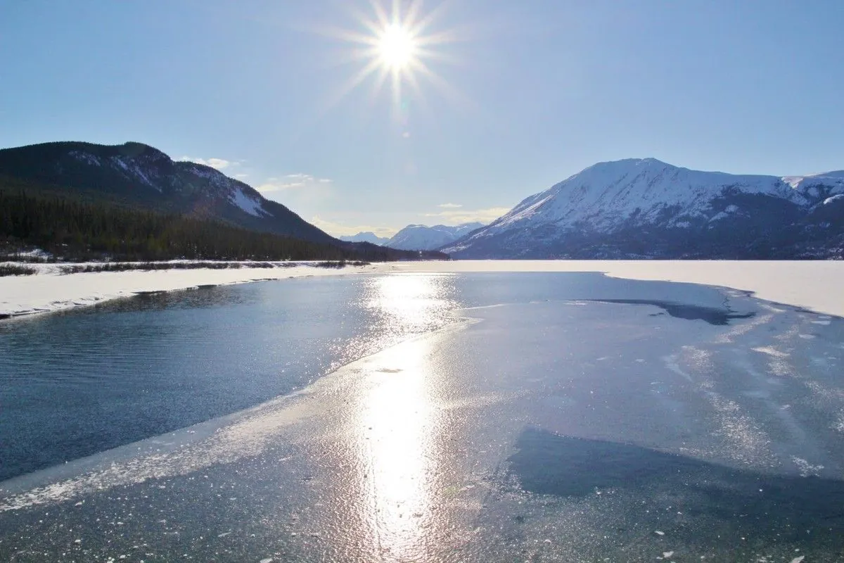 Glace du lac Bennett aux reflets du soleil et eau libre, entre des montagnes boisées et enneigées