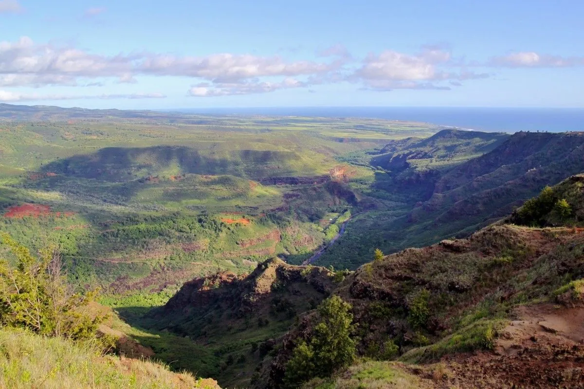Vaste canyon de Waimea aux pentes vertes et rouges ouvert vers l'océan, à Kaua'i