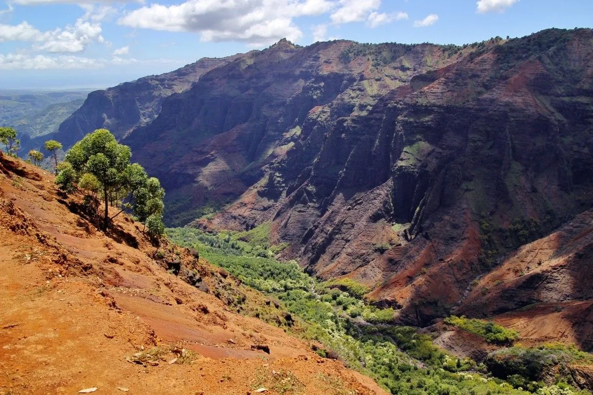Pente de terre orange et parois sombres du canyon de Waimea, vues depuis le sentier