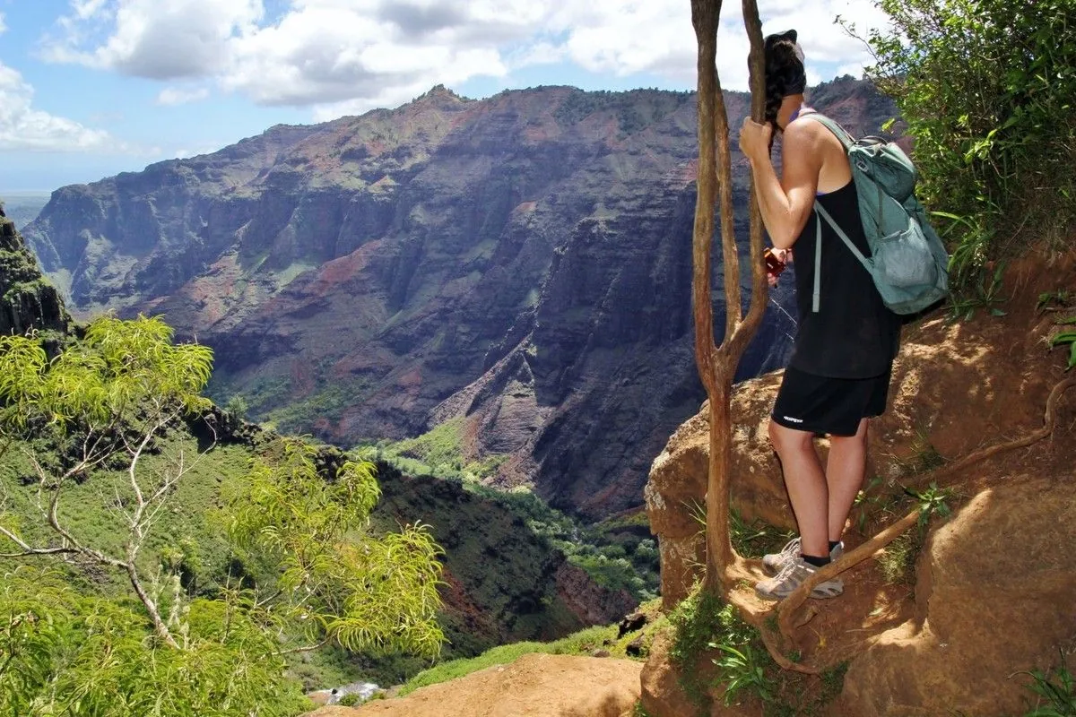 Une randonneuse au sac à dos vert s'agrippe à un tronc au bord de la falaise, face au canyon de Waimea